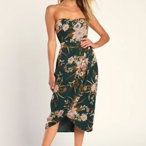 Lulu’s Effortless Charm Hunter Green Floral Strapless Tulip Midi Dress